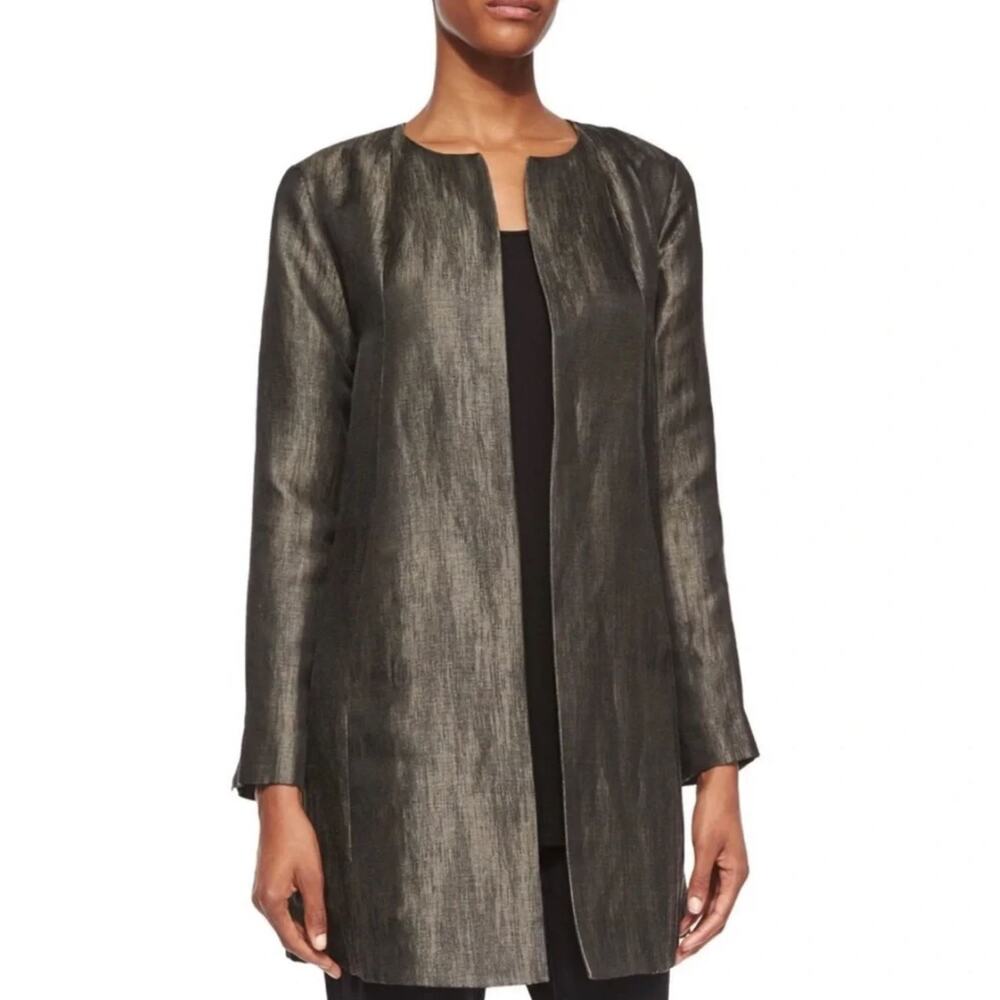 Eileen Fisher Linen Silk Herringbone Shadow Jacket Large Roundneck Swing Coat - Picture 12 of 12
